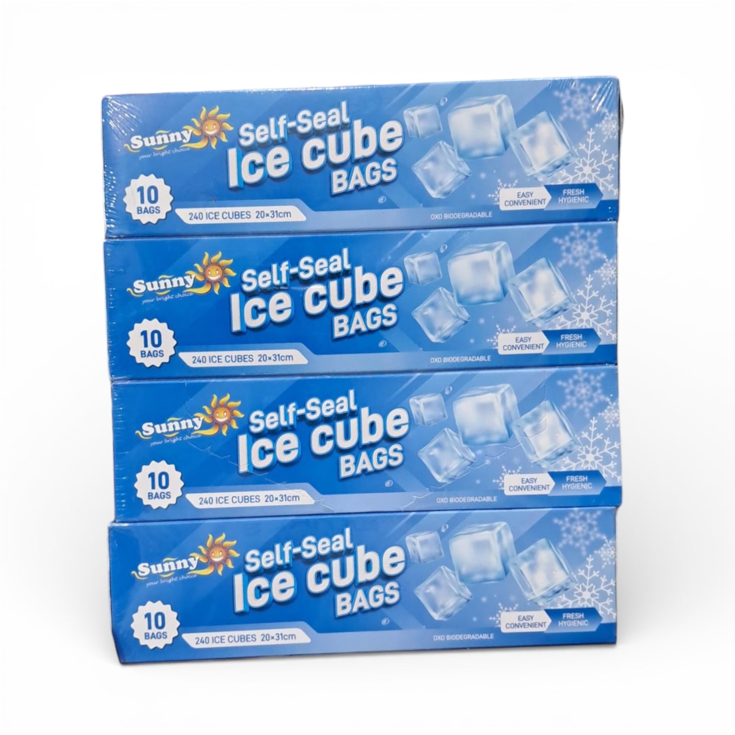 Sunny Self-Seal Ice Cube Bags for Freezing & Storage – 240 Ice Cubes Capacity, 20 × 31 cm (4 Packs × 10 Pieces) - Damoo