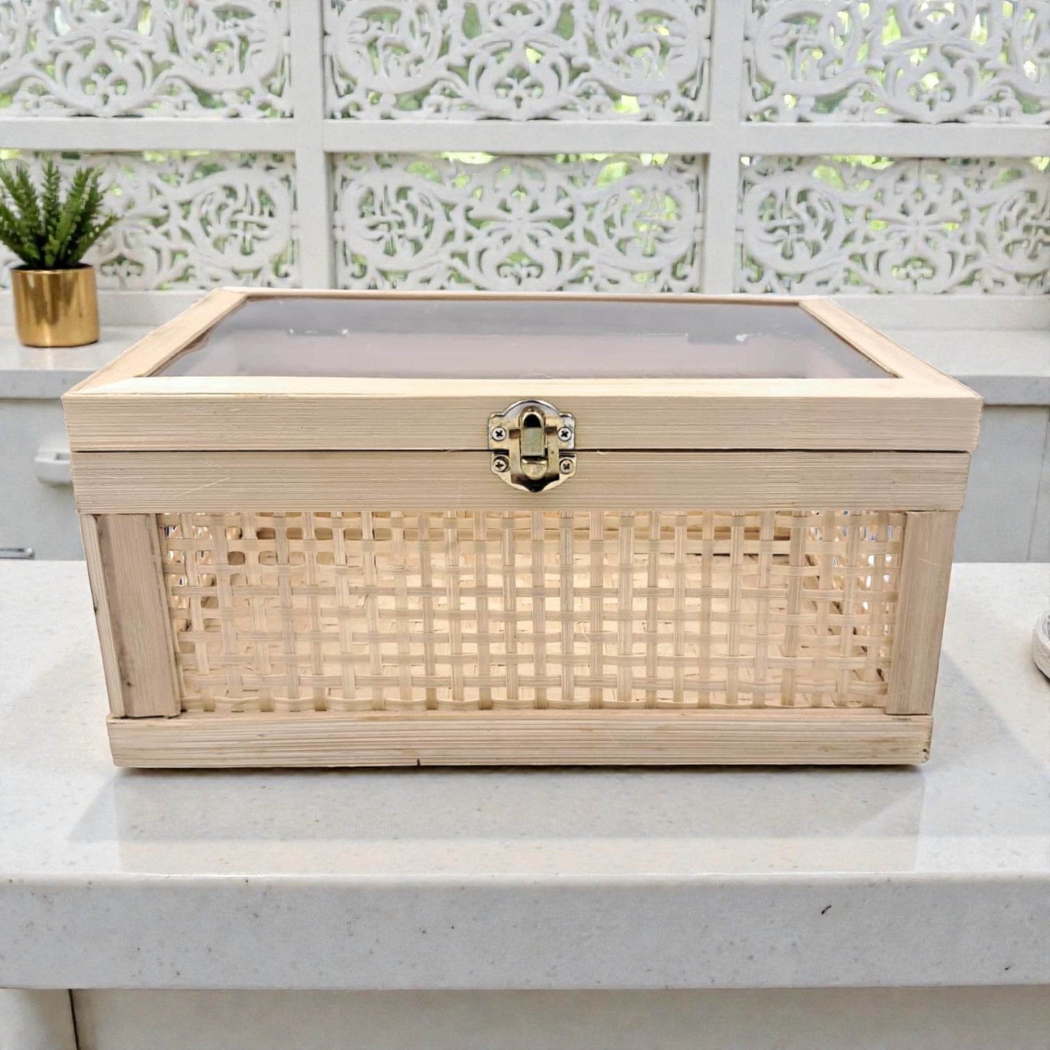Natural Bamboo Storage Box with Lid & Lock – Multi-Purpose Organizer for Home, Kitchen, Bathroom & Gifting - Damoo