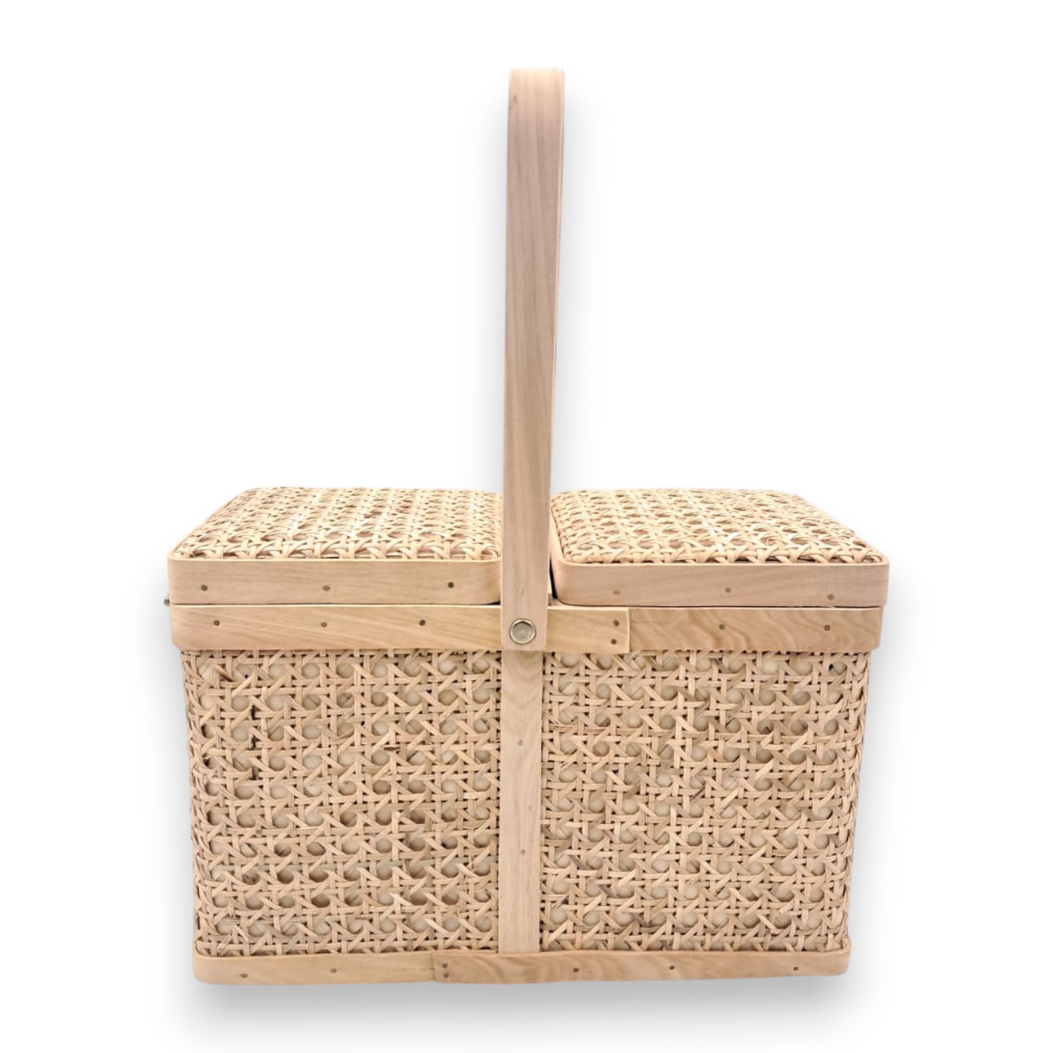 Handwoven Bamboo Picnic Storage Basket with Double Lid & Carry Handle (38.5H x 31L × 16W CM) - Damoo