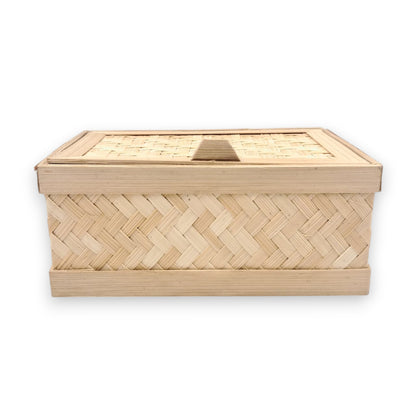 Handwoven Bamboo Storage Box with Lid – Natural Rectangular Organizer for Home & Gift Use (9H x 18L x 12.5W CM) - Damoo