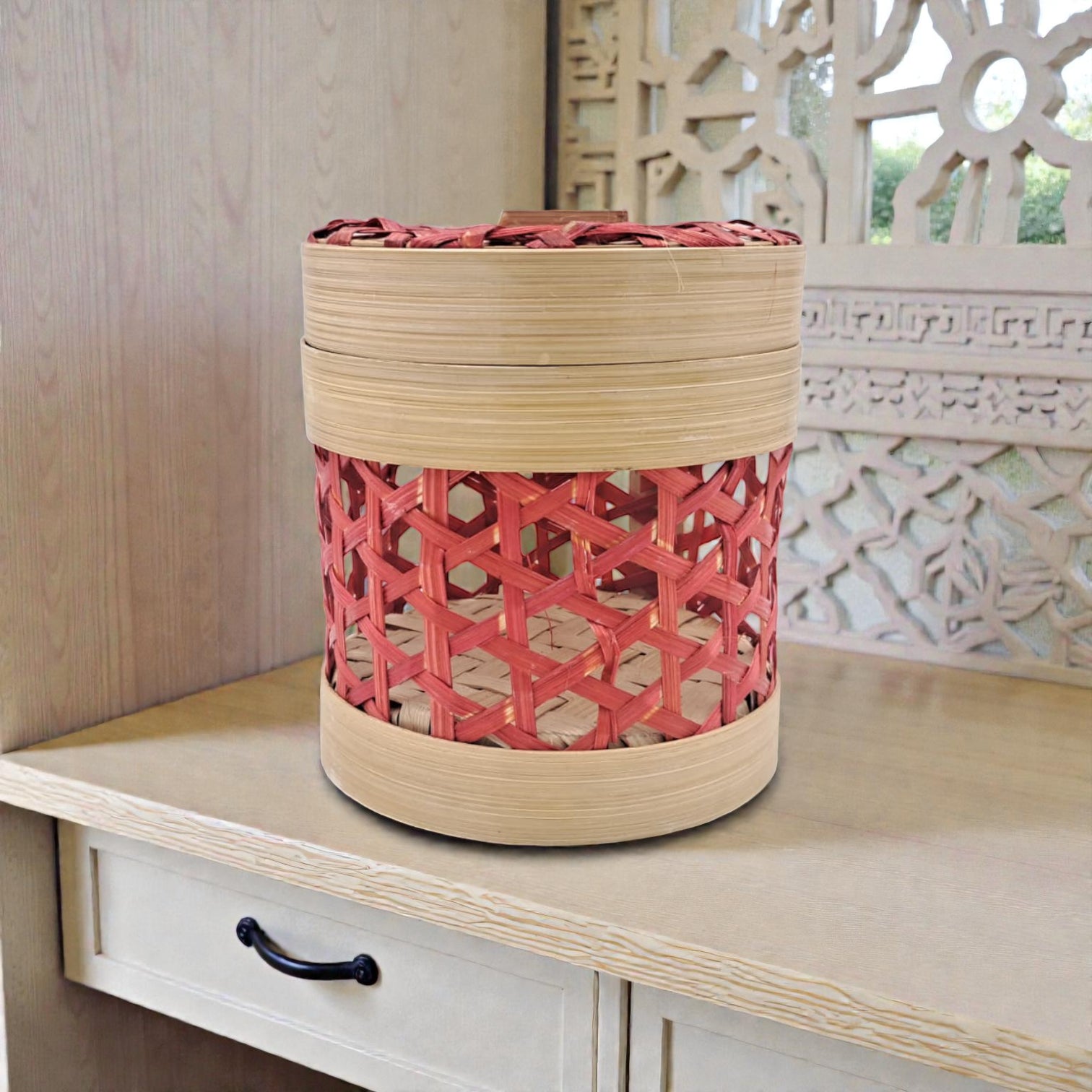 Handwoven Bamboo Storage Basket with Lid for Ramadan Serving & Décor | Multipurpose Date, Sweet & Gift Container - Damoo