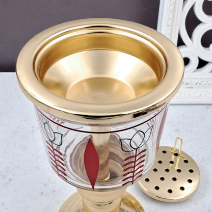 Luxury Decorative Glass & Metal Incense Burner with Perforated Lid, Elevated Pedestal Stand & Traditional Patterned Bowl for Bakhoor, Oud & Home Fragrance Display (25H × 11.5L × 11.5W CM) - Damoo