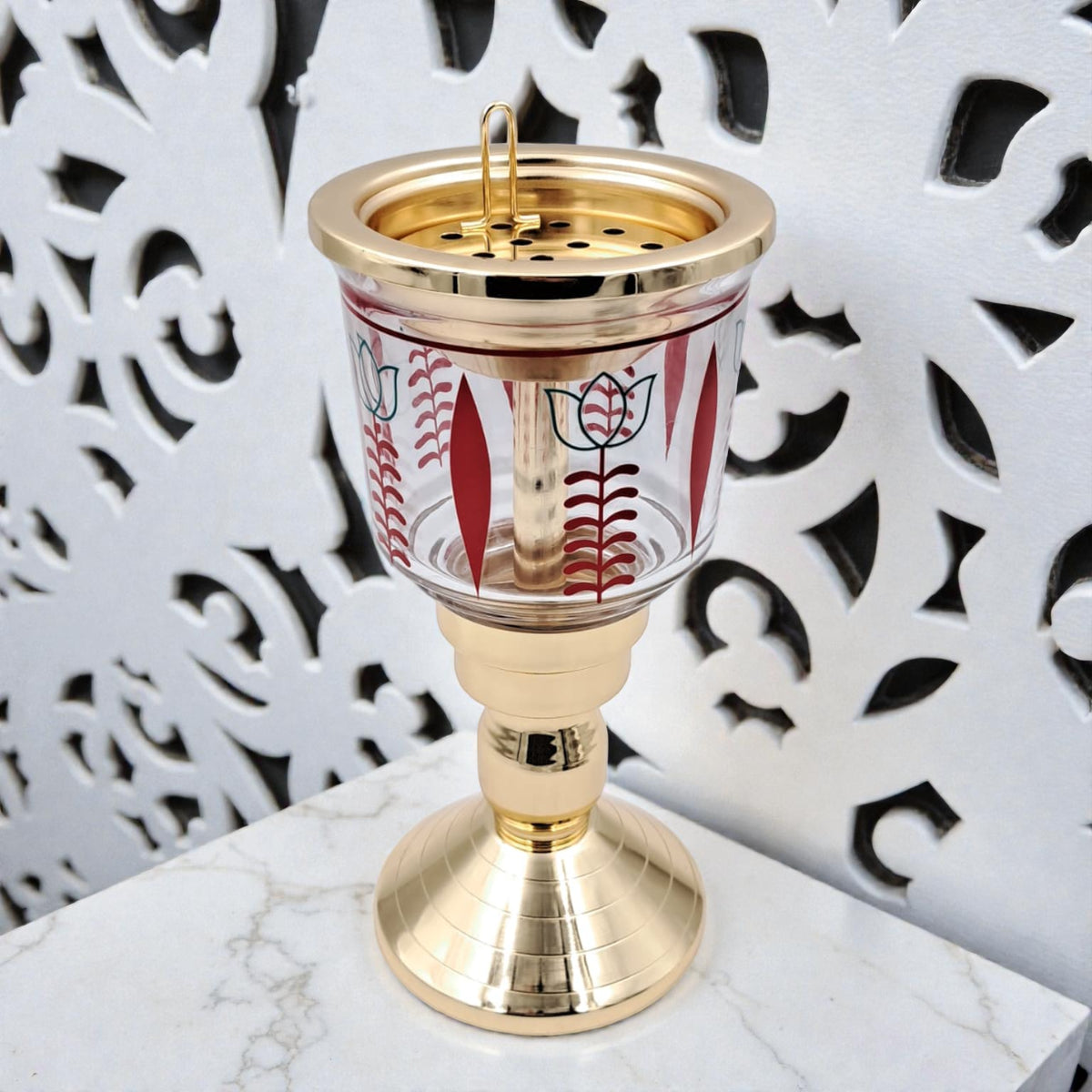 Luxury Decorative Glass & Metal Incense Burner with Perforated Lid, Elevated Pedestal Stand & Traditional Patterned Bowl for Bakhoor, Oud & Home Fragrance Display (25H × 11.5L × 11.5W CM) - Damoo