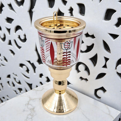 Luxury Decorative Glass & Metal Incense Burner with Perforated Lid, Elevated Pedestal Stand & Traditional Patterned Bowl for Bakhoor, Oud & Home Fragrance Display (25H × 11.5L × 11.5W CM) - Damoo