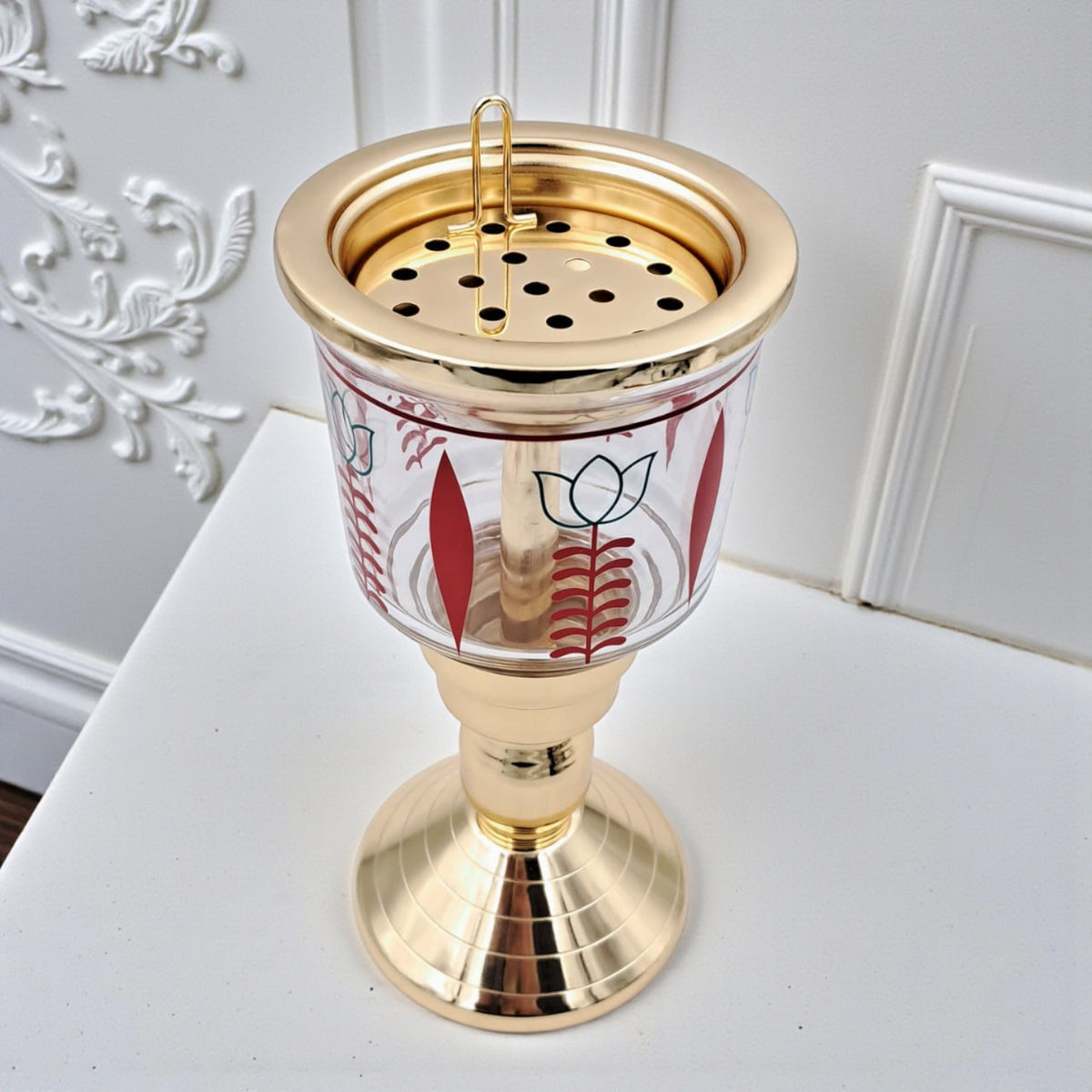 Luxury Decorative Glass & Metal Incense Burner with Perforated Lid, Elevated Pedestal Stand & Traditional Patterned Bowl for Bakhoor, Oud & Home Fragrance Display (25H × 11.5L × 11.5W CM) - Damoo