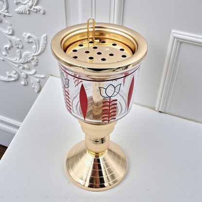 Luxury Decorative Glass & Metal Incense Burner with Perforated Lid, Elevated Pedestal Stand & Traditional Patterned Bowl for Bakhoor, Oud & Home Fragrance Display (25H × 11.5L × 11.5W CM) - Damoo