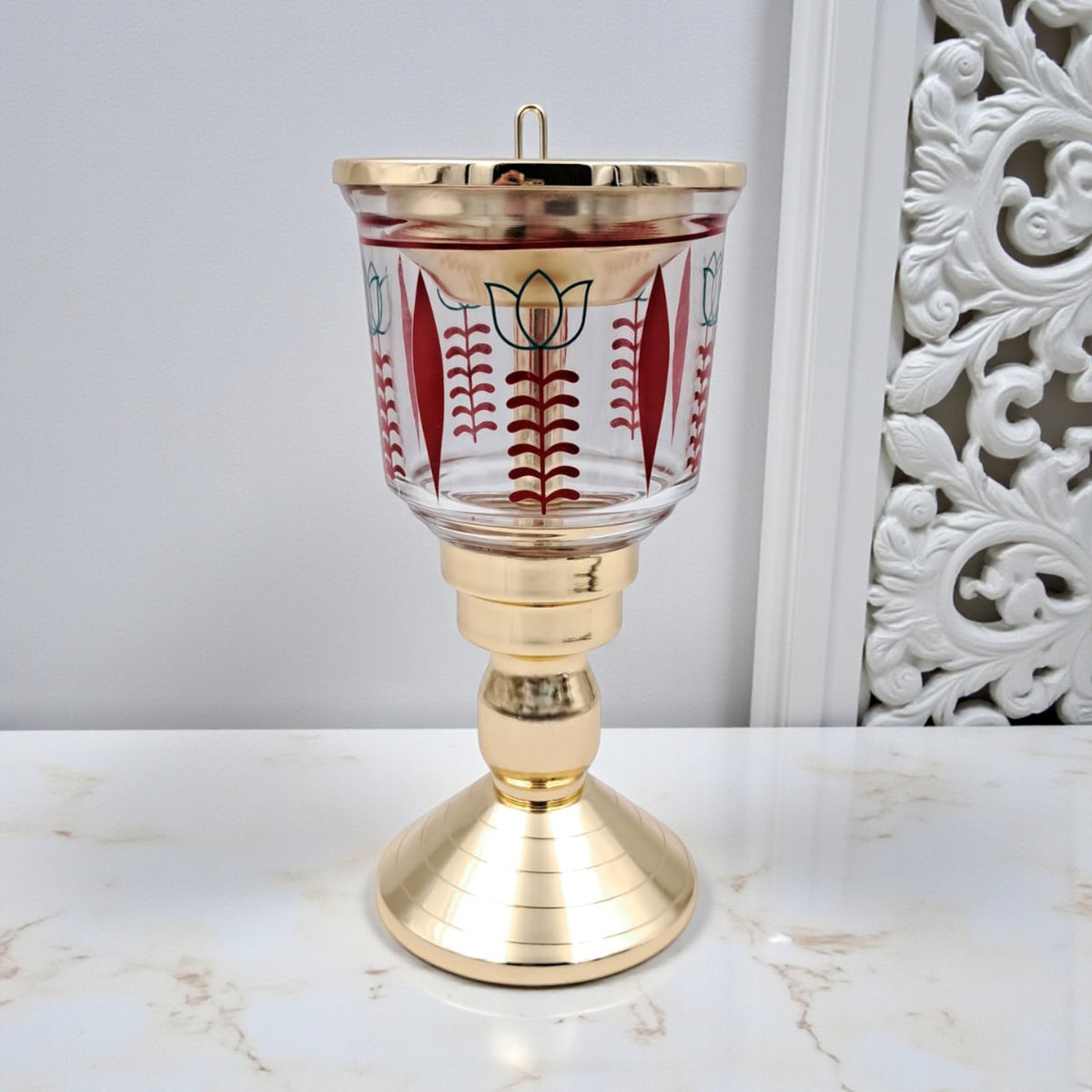 Luxury Decorative Glass & Metal Incense Burner with Perforated Lid, Elevated Pedestal Stand & Traditional Patterned Bowl for Bakhoor, Oud & Home Fragrance Display (25H × 11.5L × 11.5W CM) - Damoo
