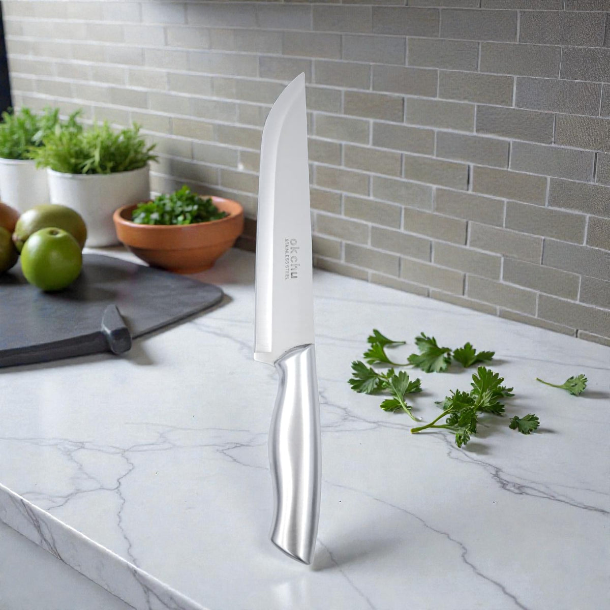 OK Chu Stainless Steel Kitchen Knife with Ergonomic Handle – Sharp Precision Blade, Durable & Rust Resistant Chef Knife for Everyday Cooking (34.5H × 2.5W CM) - Damoo