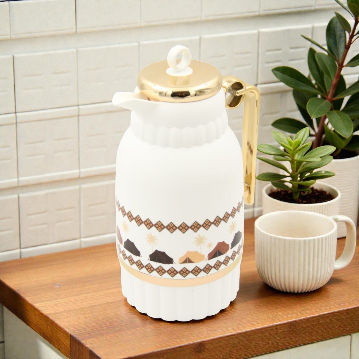 Traditional Arabic Tea Flask 1 Liter – Double Wall Insulated Glass Liner Zamzamiyah with Handle, Heritage Pattern Thermal Hot Beverage Jug, Available in Two Designs - Damoo