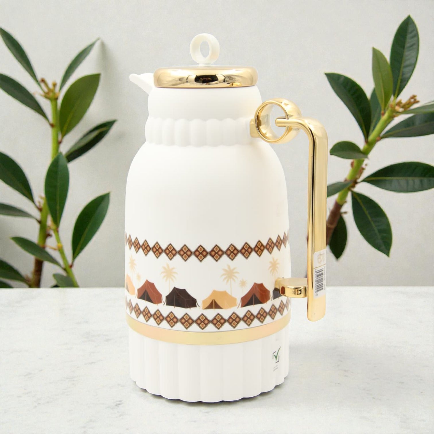 Traditional Arabic Tea Flask 1 Liter – Double Wall Insulated Glass Liner Zamzamiyah with Handle, Heritage Pattern Thermal Hot Beverage Jug, Available in Two Designs - Damoo