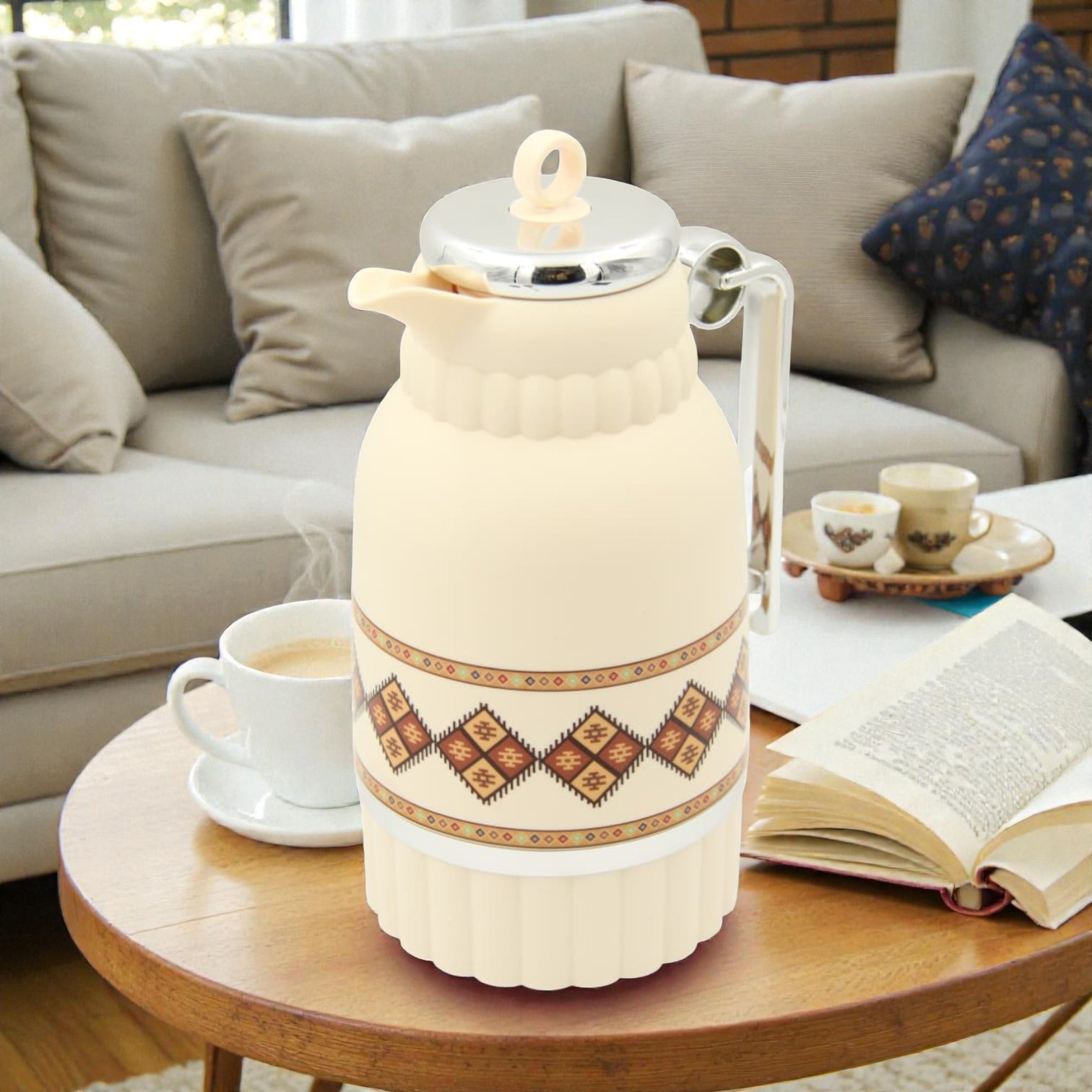 Traditional Arabic Tea Flask 1 Liter – Double Wall Insulated Glass Liner Zamzamiyah with Handle, Heritage Pattern Thermal Hot Beverage Jug, Available in Two Designs - Damoo