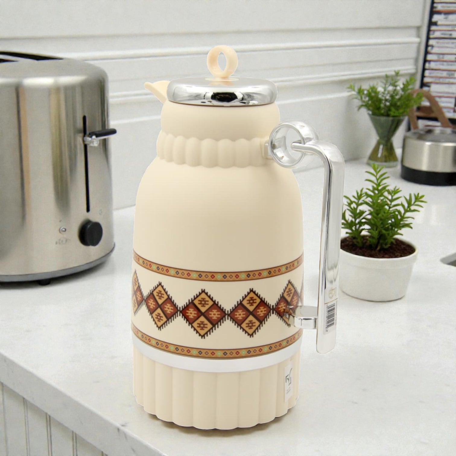 Traditional Arabic Tea Flask 1 Liter – Double Wall Insulated Glass Liner Zamzamiyah with Handle, Heritage Pattern Thermal Hot Beverage Jug, Available in Two Designs - Damoo