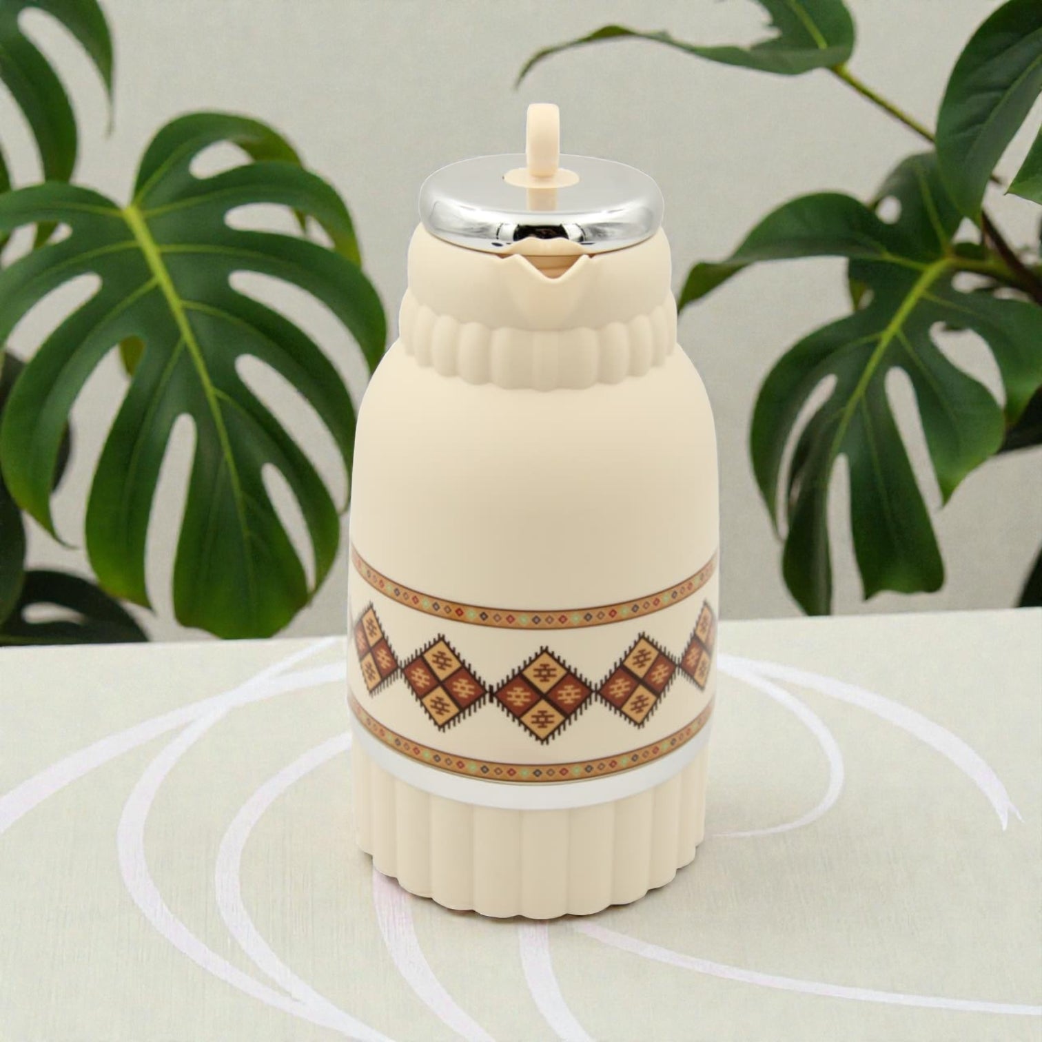 Traditional Arabic Tea Flask 1 Liter – Double Wall Insulated Glass Liner Zamzamiyah with Handle, Heritage Pattern Thermal Hot Beverage Jug, Available in Two Designs - Damoo