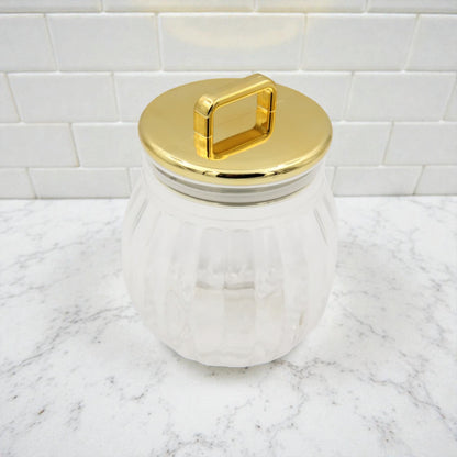 Acrylic Storage Jar with Gold Metal Lid & Handle – Clear Decorative Kitchen Canister (H 16cm x L 13cm x W 13cm)