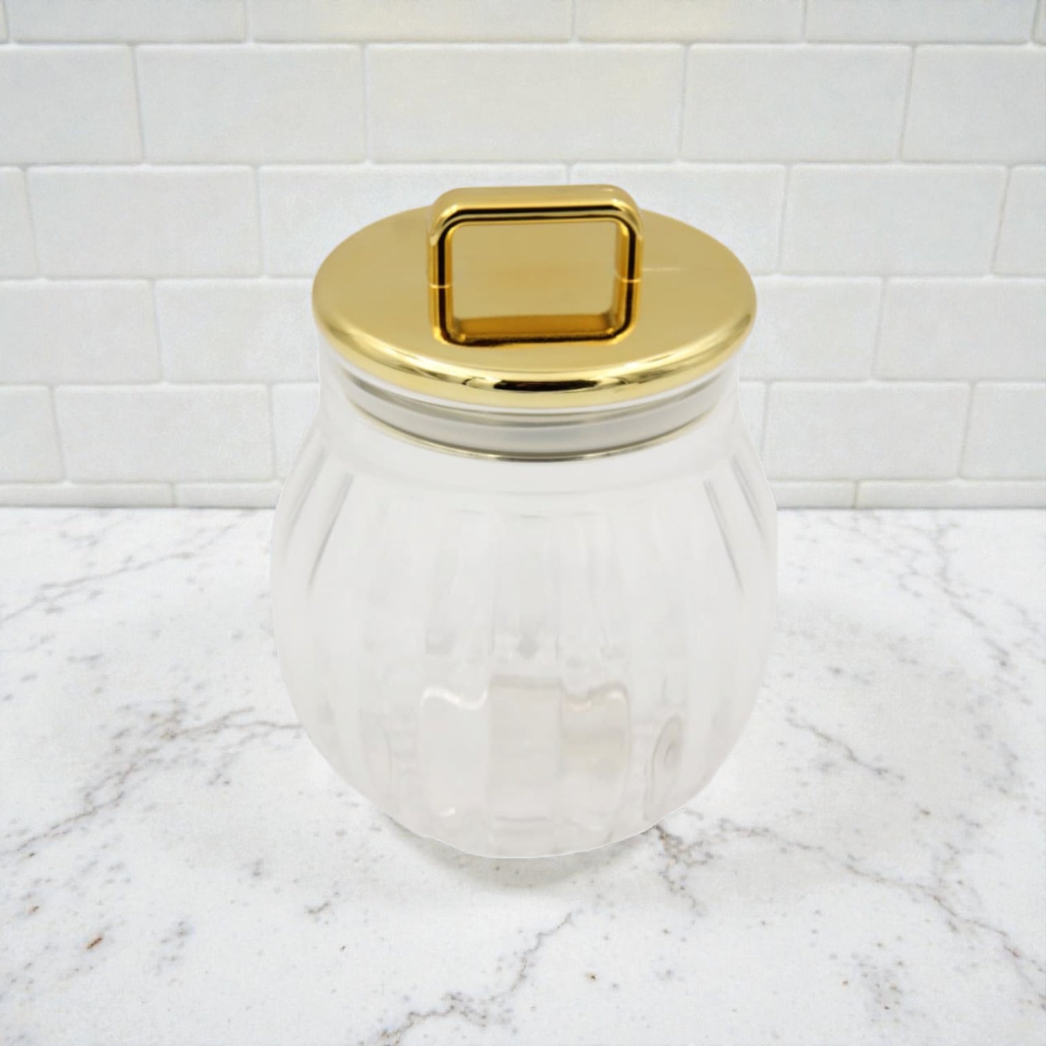 Acrylic Storage Jar with Gold Metal Lid & Handle – Clear Decorative Kitchen Canister (H 16cm x L 13cm x W 13cm)