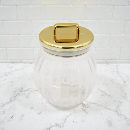 Acrylic Storage Jar with Gold Metal Lid & Handle – Clear Decorative Kitchen Canister (H 16cm x L 13cm x W 13cm)