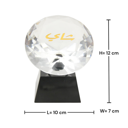 Luxury Crystal Tea Display Ornament with Gold Arabic Calligraphy "شاي" – Elegant Faceted Glass Decorative Piece on Black Stand for Home, Office, and Gift Decor** - Damoo