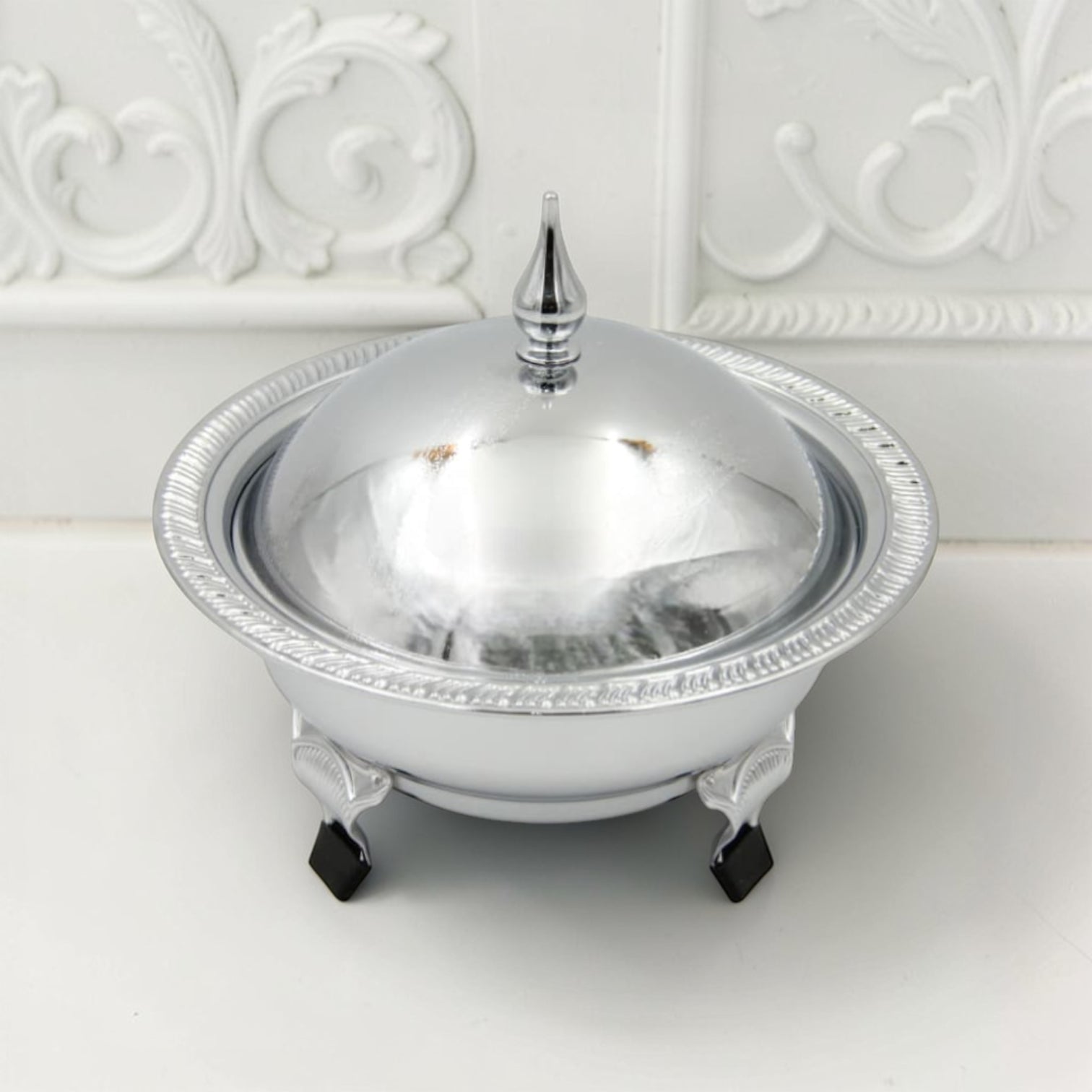 Ansa Luxury Silver Serving Dish with Lid for Dates and Desserts – Elegant Footed Candy Bowl with Dome Cover for Ramadan, Eid, and Majlis Table Decor - Damoo