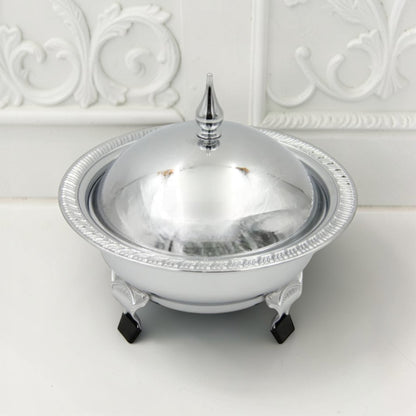 Ansa Luxury Silver Serving Dish with Lid for Dates and Desserts – Elegant Footed Candy Bowl with Dome Cover for Ramadan, Eid, and Majlis Table Decor - Damoo