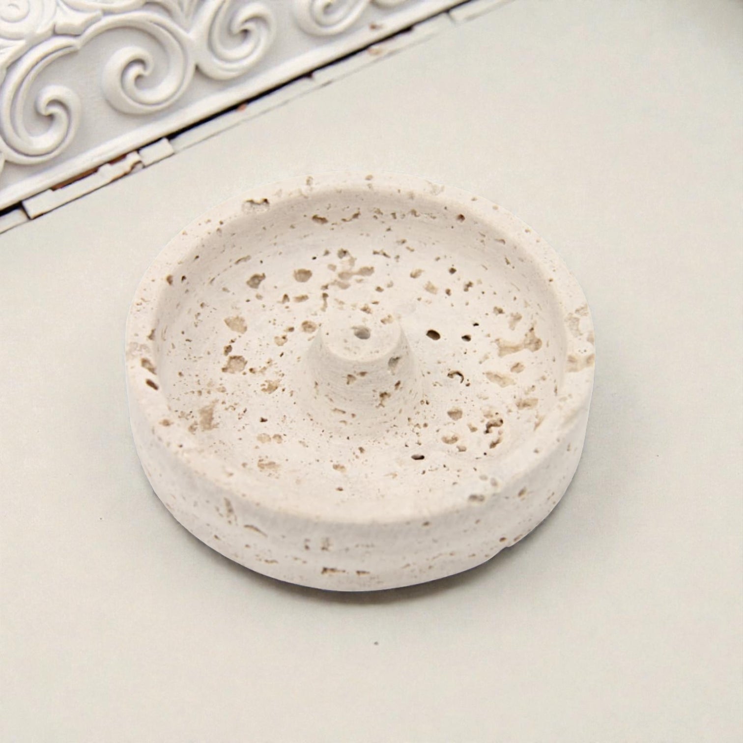 Natural Travertine Stone Incense Burner Holder – Minimalist Round Incense Stick Tray with Center Support – Elegant Home Fragrance Decor for Living Room, Bedroom, and Meditation Space - Damoo