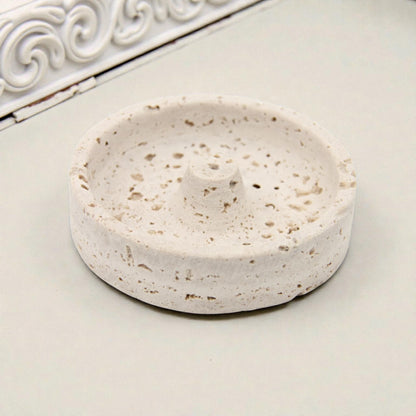 Natural Travertine Stone Incense Burner Holder – Minimalist Round Incense Stick Tray with Center Support – Elegant Home Fragrance Decor for Living Room, Bedroom, and Meditation Space - Damoo