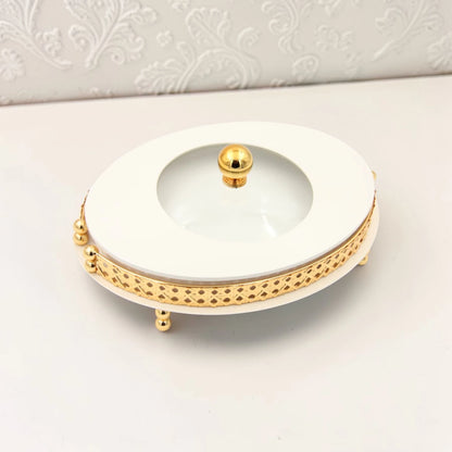 Al Habbai Oval Covered Serving Dish with Lid and Decorative Stand – Elegant Dessert, Dates & Candy Serving Tray for Majlis and Hospitality - Damoo