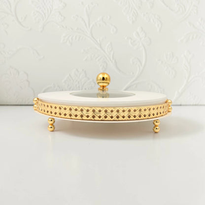 Al Habbai Oval Covered Serving Dish with Lid and Decorative Stand – Elegant Dessert, Dates & Candy Serving Tray for Majlis and Hospitality - Damoo