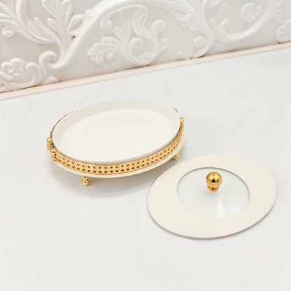 Al Habbai Oval Covered Serving Dish with Lid and Decorative Stand – Elegant Dessert, Dates & Candy Serving Tray for Majlis and Hospitality - Damoo