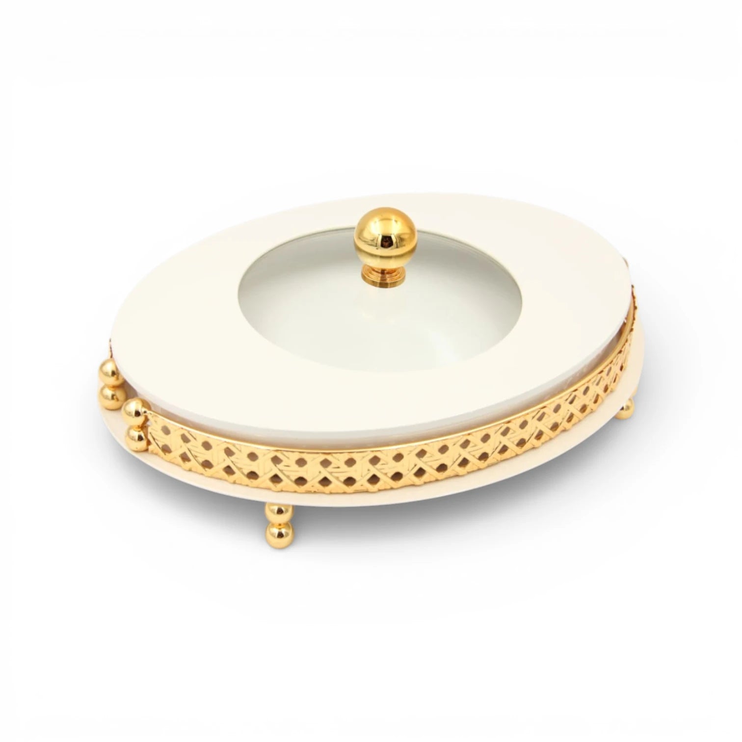 Al Habbai Oval Covered Serving Dish with Lid and Decorative Stand – Elegant Dessert, Dates & Candy Serving Tray for Majlis and Hospitality - Damoo
