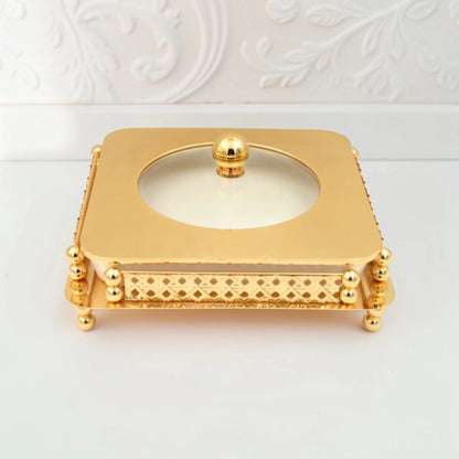 Al Habbai Square Covered Serving Dish with Lid and Decorative Stand – Dessert, Dates & Candy Serving Bowl for Majlis and Elegant Hospitality - Damoo