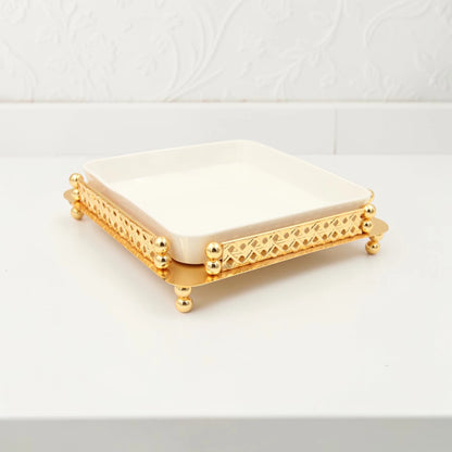 Al Habbai Square Covered Serving Dish with Lid and Decorative Stand – Dessert, Dates & Candy Serving Bowl for Majlis and Elegant Hospitality - Damoo