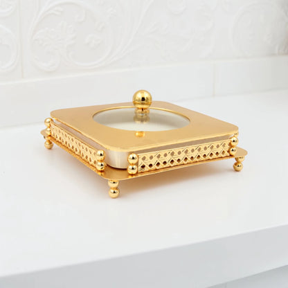 Al Habbai Square Covered Serving Dish with Lid and Decorative Stand – Dessert, Dates & Candy Serving Bowl for Majlis and Elegant Hospitality - Damoo