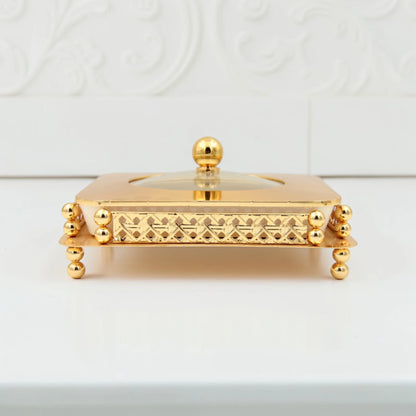 Al Habbai Square Covered Serving Dish with Lid and Decorative Stand – Dessert, Dates & Candy Serving Bowl for Majlis and Elegant Hospitality - Damoo