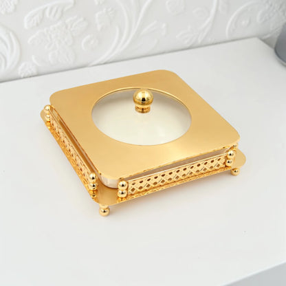 Al Habbai Square Covered Serving Dish with Lid and Decorative Stand – Dessert, Dates & Candy Serving Bowl for Majlis and Elegant Hospitality - Damoo