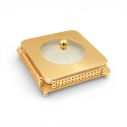 Al Habbai Square Covered Serving Dish with Lid and Decorative Stand – Dessert, Dates & Candy Serving Bowl for Majlis and Elegant Hospitality - Damoo