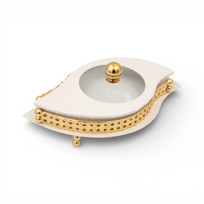 Al Habbai Leaf Shape Covered Serving Dish with Decorative Stand – Elegant Dates, Dessert & Candy Serving Bowl for Majlis Hospitality - Damoo