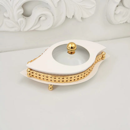 Al Habbai Leaf Shape Covered Serving Dish with Decorative Stand – Elegant Dates, Dessert & Candy Serving Bowl for Majlis Hospitality - Damoo