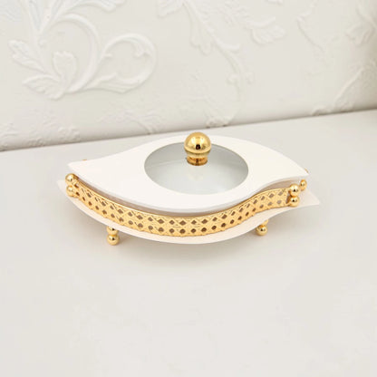 Al Habbai Leaf Shape Covered Serving Dish with Decorative Stand – Elegant Dates, Dessert & Candy Serving Bowl for Majlis Hospitality - Damoo