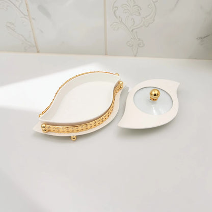 Al Habbai Leaf Shape Covered Serving Dish with Decorative Stand – Elegant Dates, Dessert & Candy Serving Bowl for Majlis Hospitality - Damoo