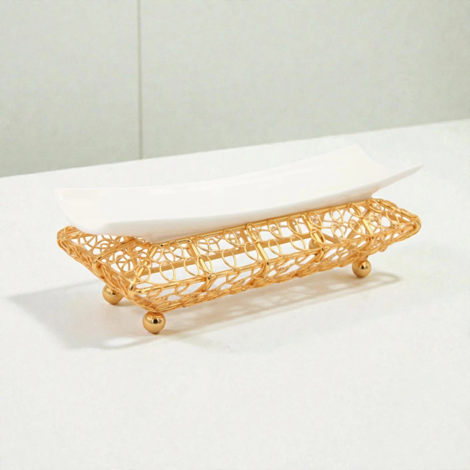 Decorative Serving Tray with Metal Stand & Curved Plate – Elegant Display Platter for Desserts, Snacks & Ramadan Table Decor (9H x 28L × 11W CM) - Damoo