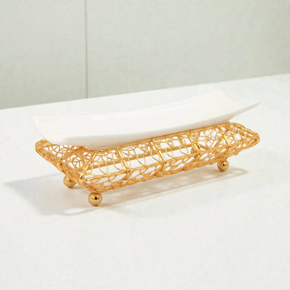 Decorative Serving Tray with Metal Stand & Curved Plate – Elegant Display Platter for Desserts, Snacks & Ramadan Table Decor (9H x 28L × 11W CM) - Damoo