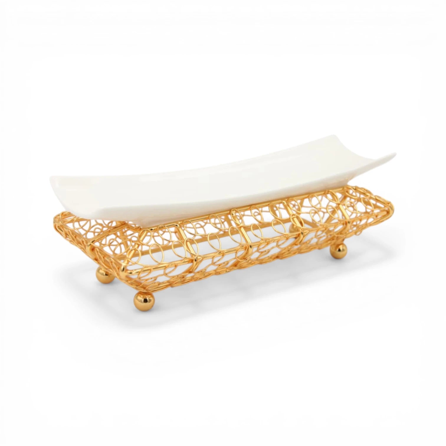 Decorative Serving Tray with Metal Stand & Curved Plate – Elegant Display Platter for Desserts, Snacks & Ramadan Table Decor (9H x 28L × 11W CM) - Damoo