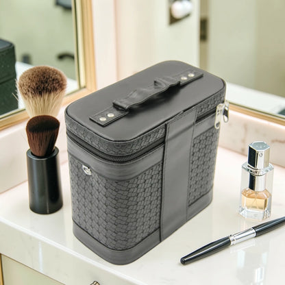 Luxury Portable Makeup Storage Box with Handle and Shoulder Strap – Large Cosmetic Organizer Case with Zipper Travel Beauty Bag (22x19x10.5cm) - Damoo