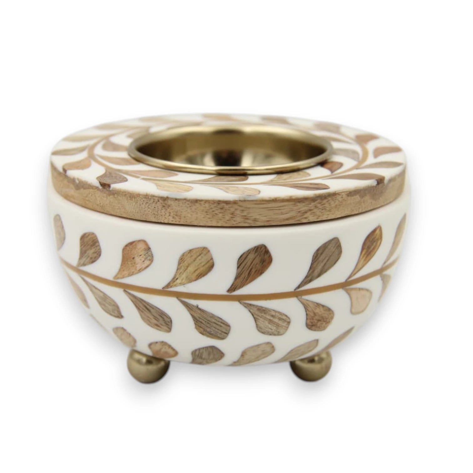 Round Wooden Bakhoor Burner with Metal Bowl – Oud Incense Burner for Home Fragrance & Arabic Decor (8.5H x 13L x 13W CM) - Damoo