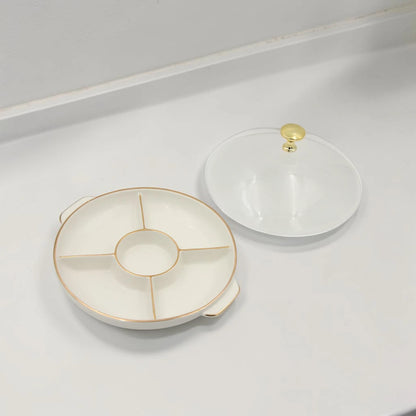 Round Sectioned Serving Tray with Lid & Handles – Multi-Compartment Snack & Appetizer Serving Plate with Covered Top (16H x 30L × 26W CM) - Damoo
