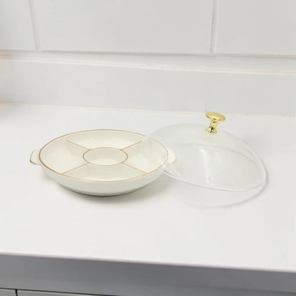 Round Sectioned Serving Tray with Lid & Handles – Multi-Compartment Snack & Appetizer Serving Plate with Covered Top (16H x 30L × 26W CM) - Damoo