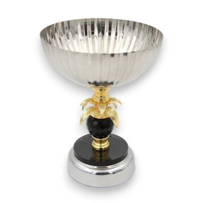 Luxury Metal Serving Bowl Stand with Decorative Palm Design & Crystal Accent – Pedestal Fruit Bowl Centerpiece for Table Décor (21H x 16L x 16W CM)
