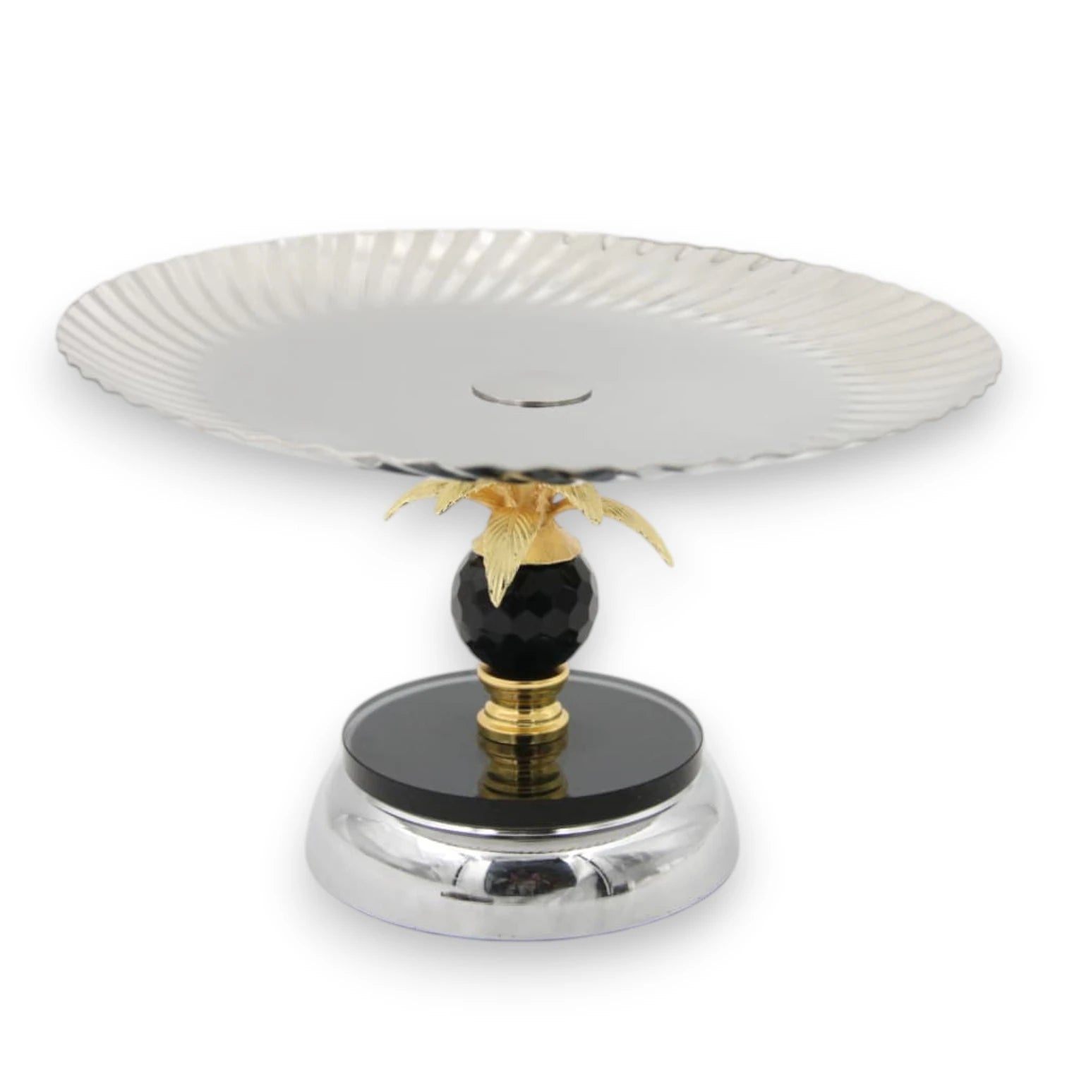 Luxury Metal Serving Tray Stand with Decorative Palm Design & Crystal Accent – Pedestal Dessert & Fruit Display Plate for Table Décor (15H x 24.5L x 24.5W CM) - Damoo