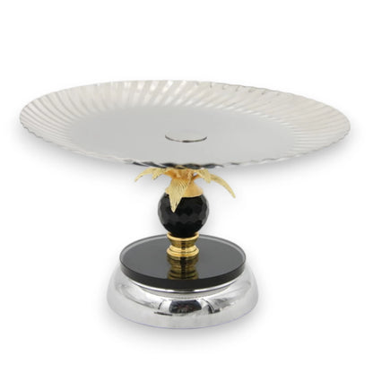 Luxury Metal Serving Tray Stand with Decorative Palm Design & Crystal Accent – Pedestal Dessert & Fruit Display Plate for Table Décor (15H x 24.5L x 24.5W CM) - Damoo