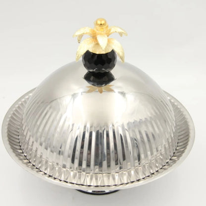 Luxury Metal Covered Serving Tray Stand with Dome Lid & Decorative Palm Handle – Elegant Dessert, Fruit & Snack Display Platter with Lid (24H x 24L x 24W CM) - Damoo